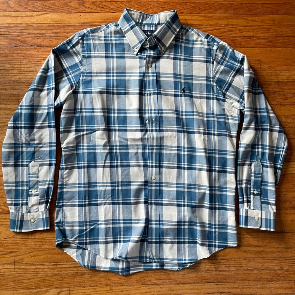 Polo Raplph Lauren white/blue checkered long sleeve button-up